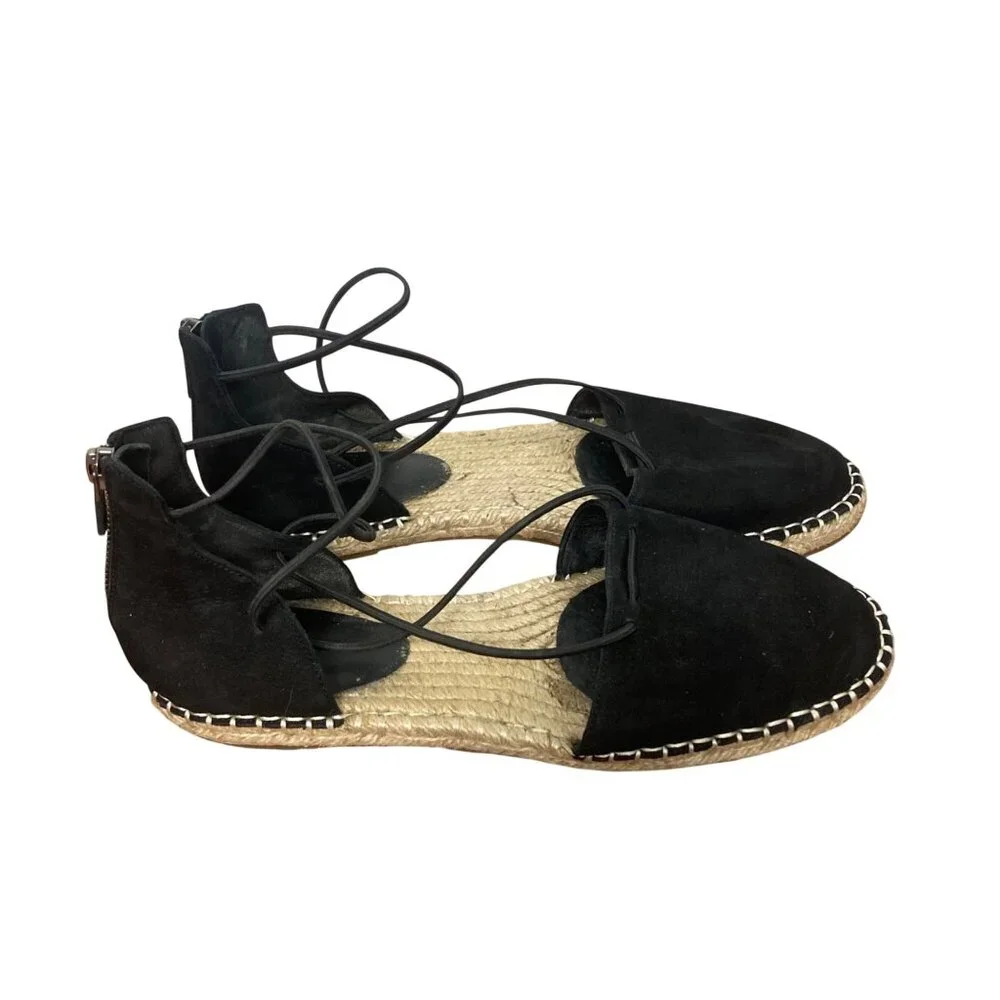 Eileen Fisher Lace Espadrille Flats Womens 8 Black Suede Strappy Sandals